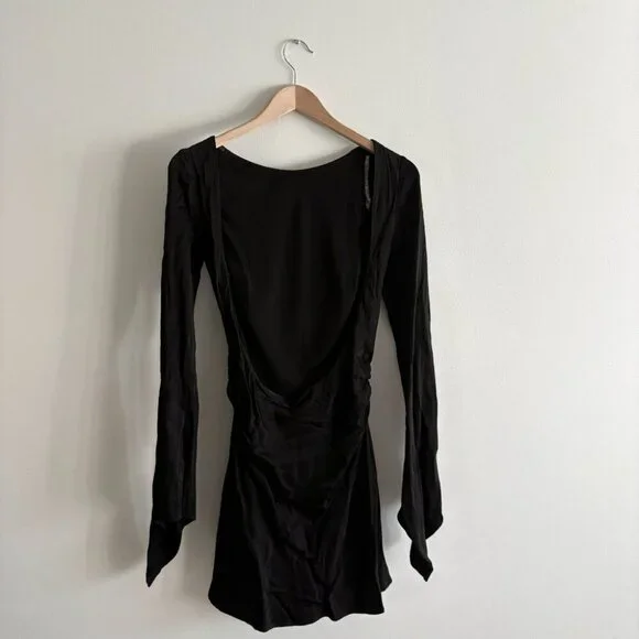 Meshki Davina Satin Black Long Bell Sleeve Mini Dress Black Size XS - Picture 8 of 10
